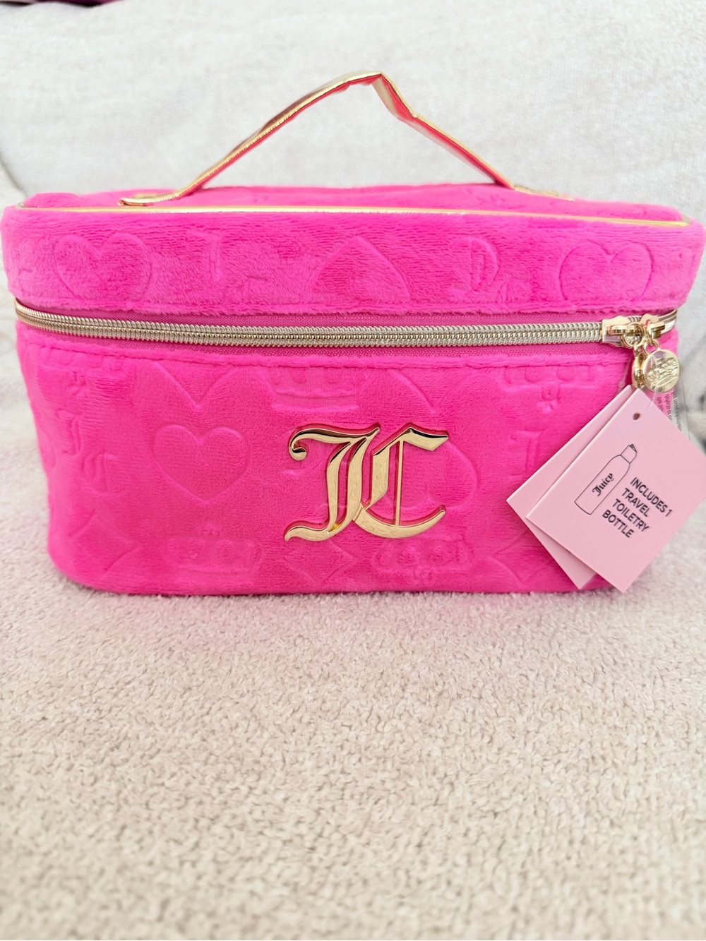 Juicy Couture Hot Pink Plush Cosmetic Train Case with Gold Hardware